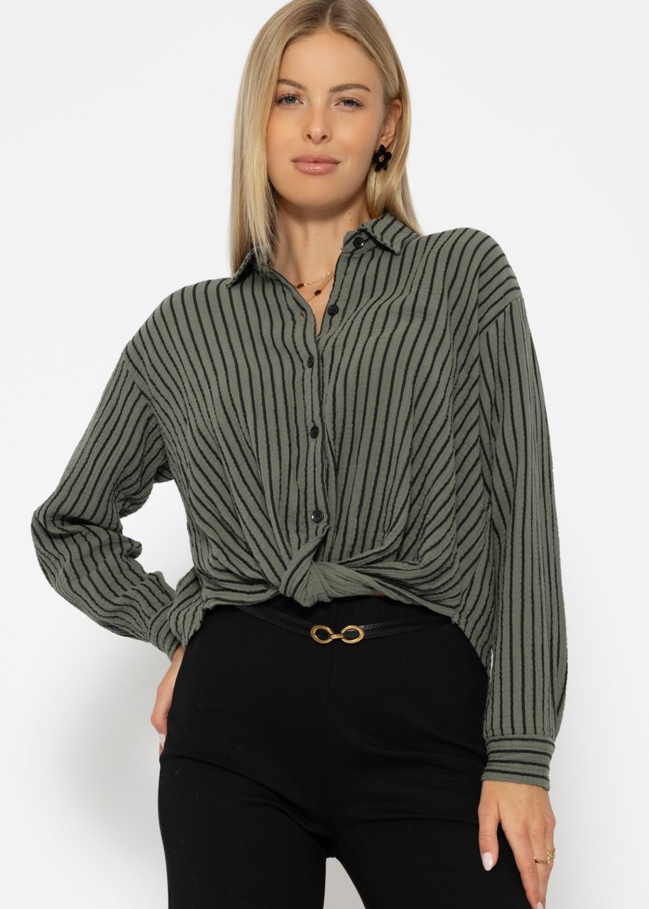 Striped muslin blouse with knot - khaki-black