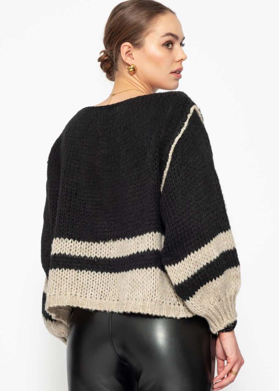 Jumper with striped hem - black-beige