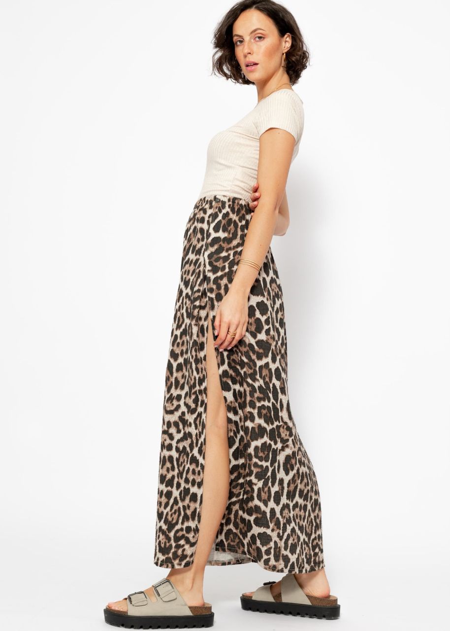 Long muslin skirt with leo print - brown