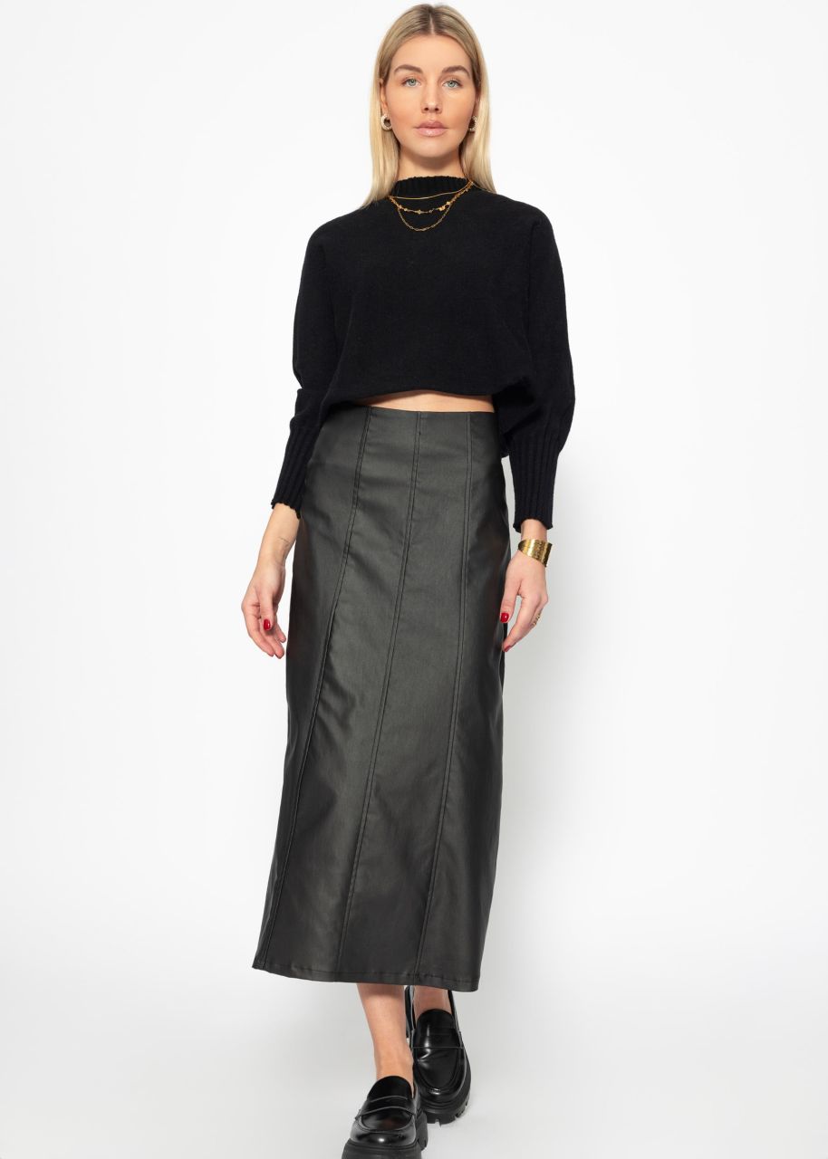 Long leather-look skirt with dividing seams - black