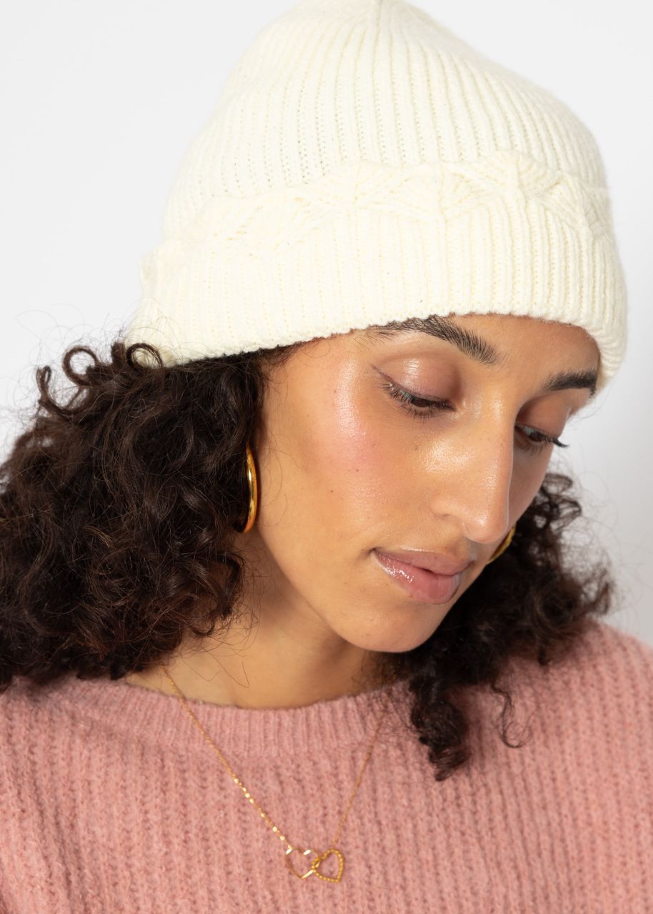 Hat with ajour knit trim - offwhite