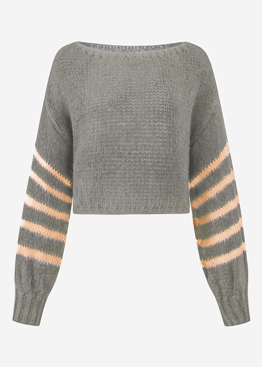 Jumper with striped sleeves, grey-beige