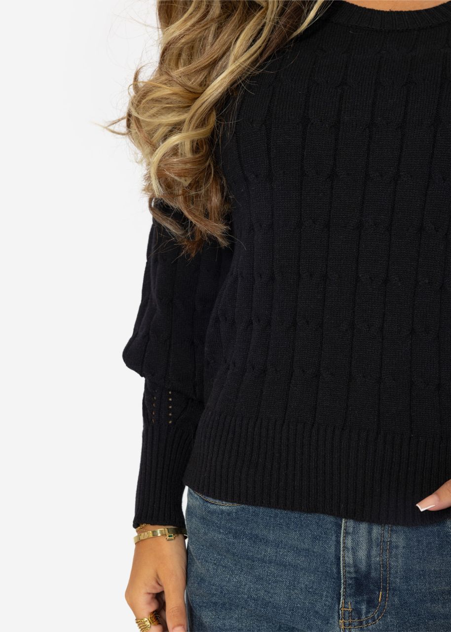 Raglan sweater with cable pattern - black