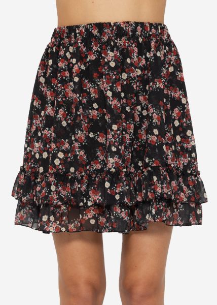 Flouncy skirt with ruffles and floral print - black