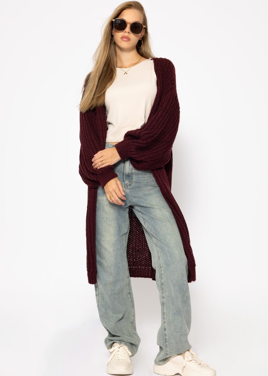 Ribbed long cardigan with balloon sleeves - burgundy