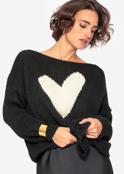 Oversized sweater with white heart - black