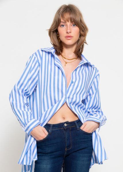 Long, striped blouse shirt with logo print - light blue