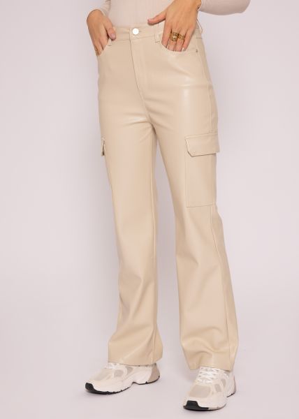 Faux leather cargo pants, beige