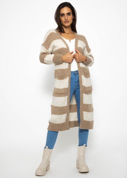 Extra long cardigan with stripes - beige-offwhite
