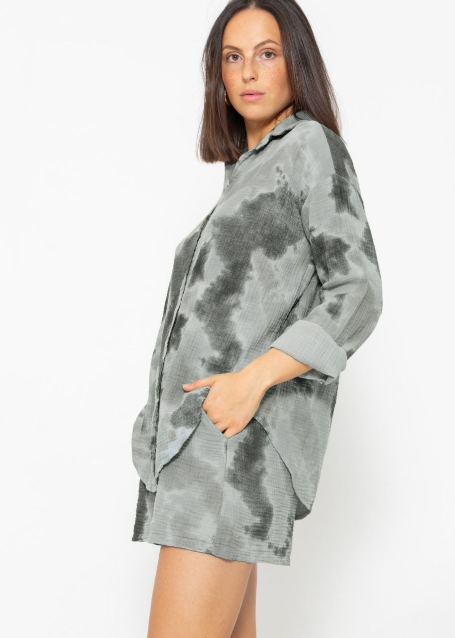 Oversize muslin blouse with print - grey-khaki