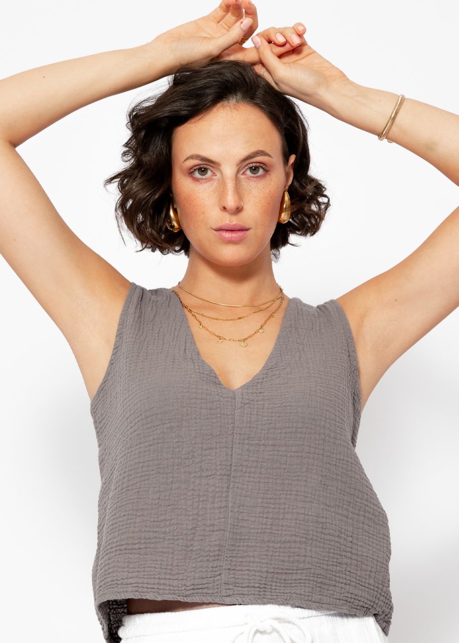 Muslin top with V-neck - taupe