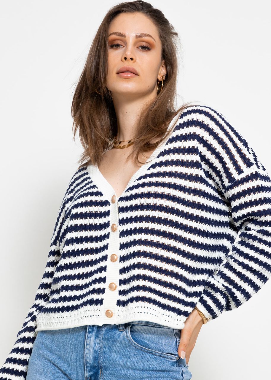 Cardigan in ajour knit - dark blue and white