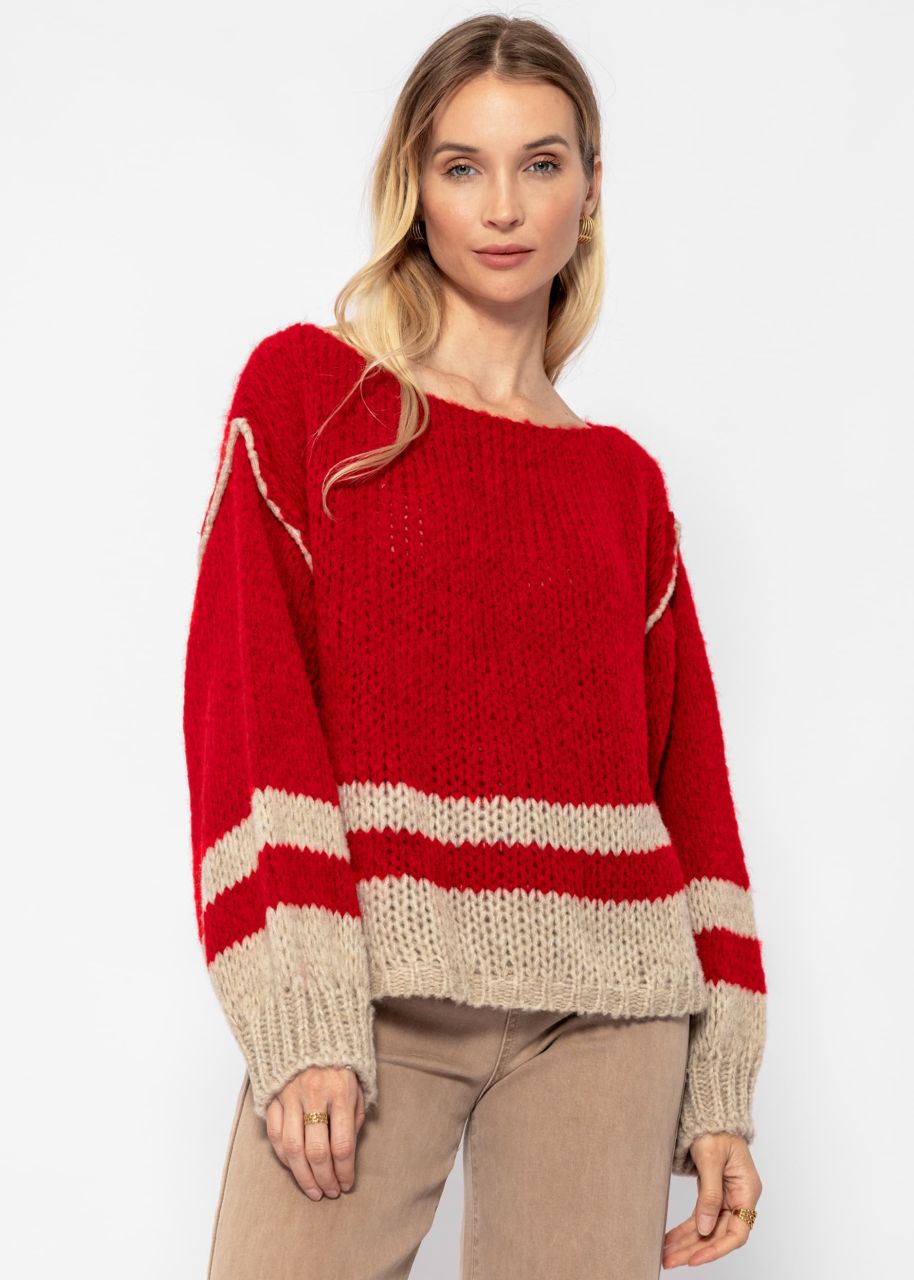 Jumper with striped hem - red-beige