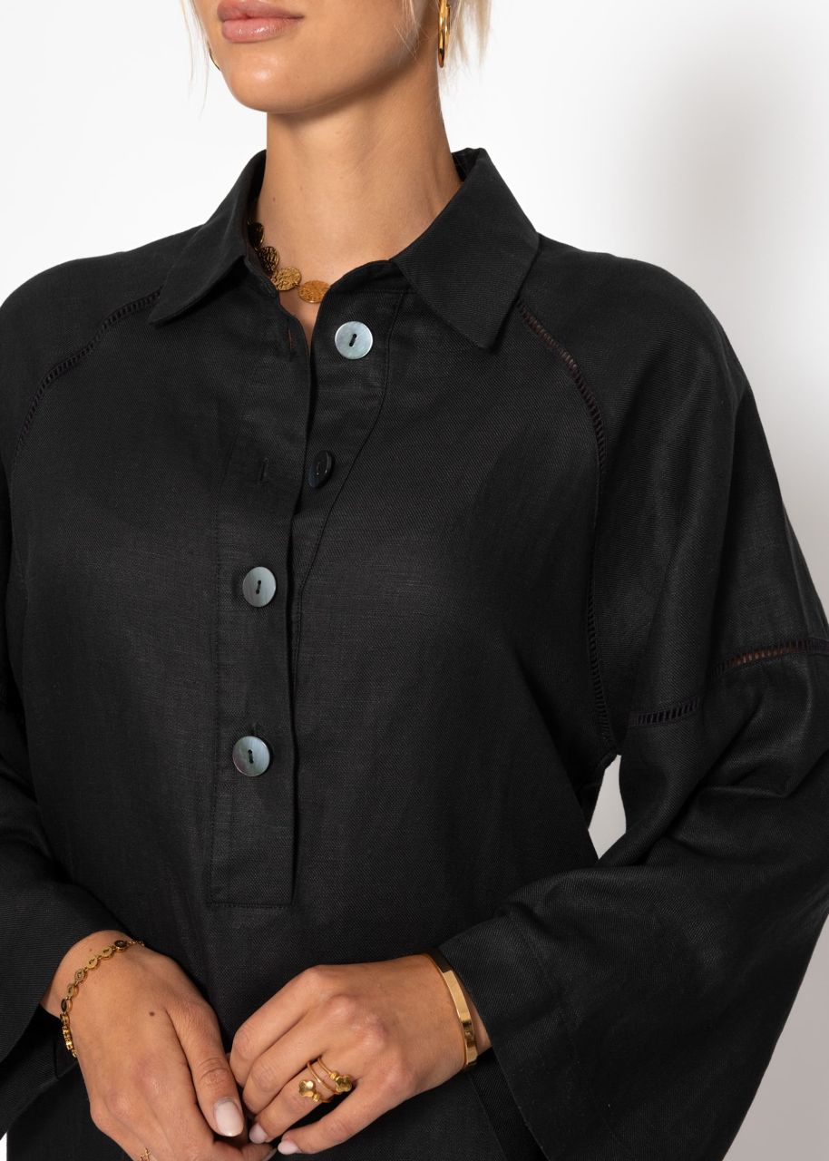 Linen dress with button placket - black