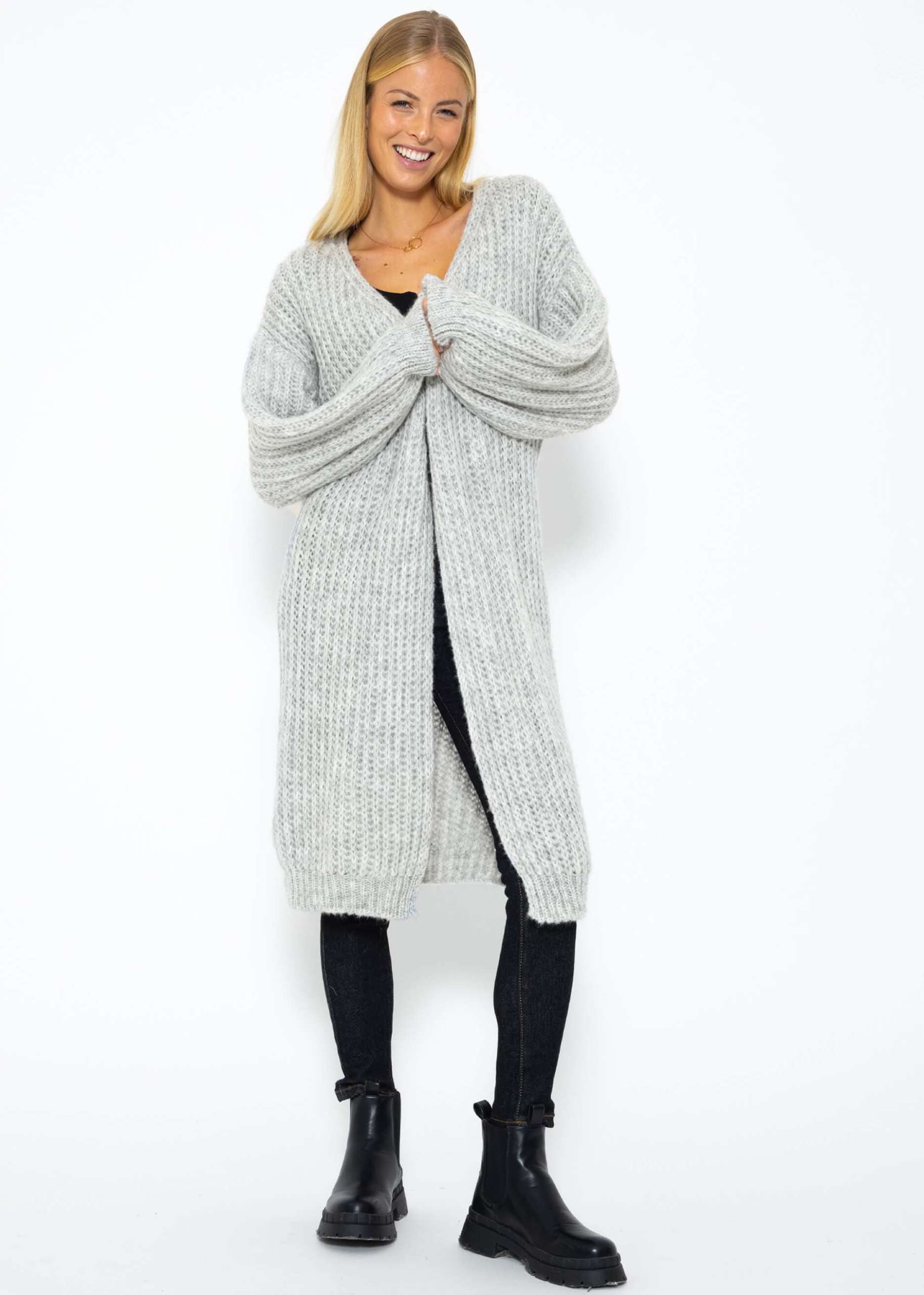 Ribbed, long cardigan with balloon sleeves - light grey