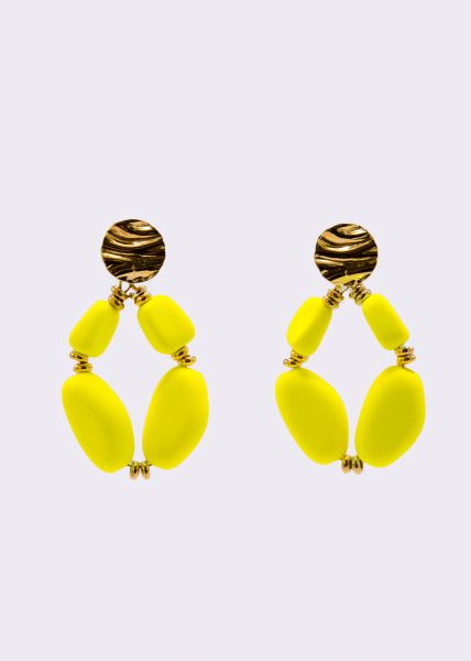 Stud earrings gold with large beads, neon yellow