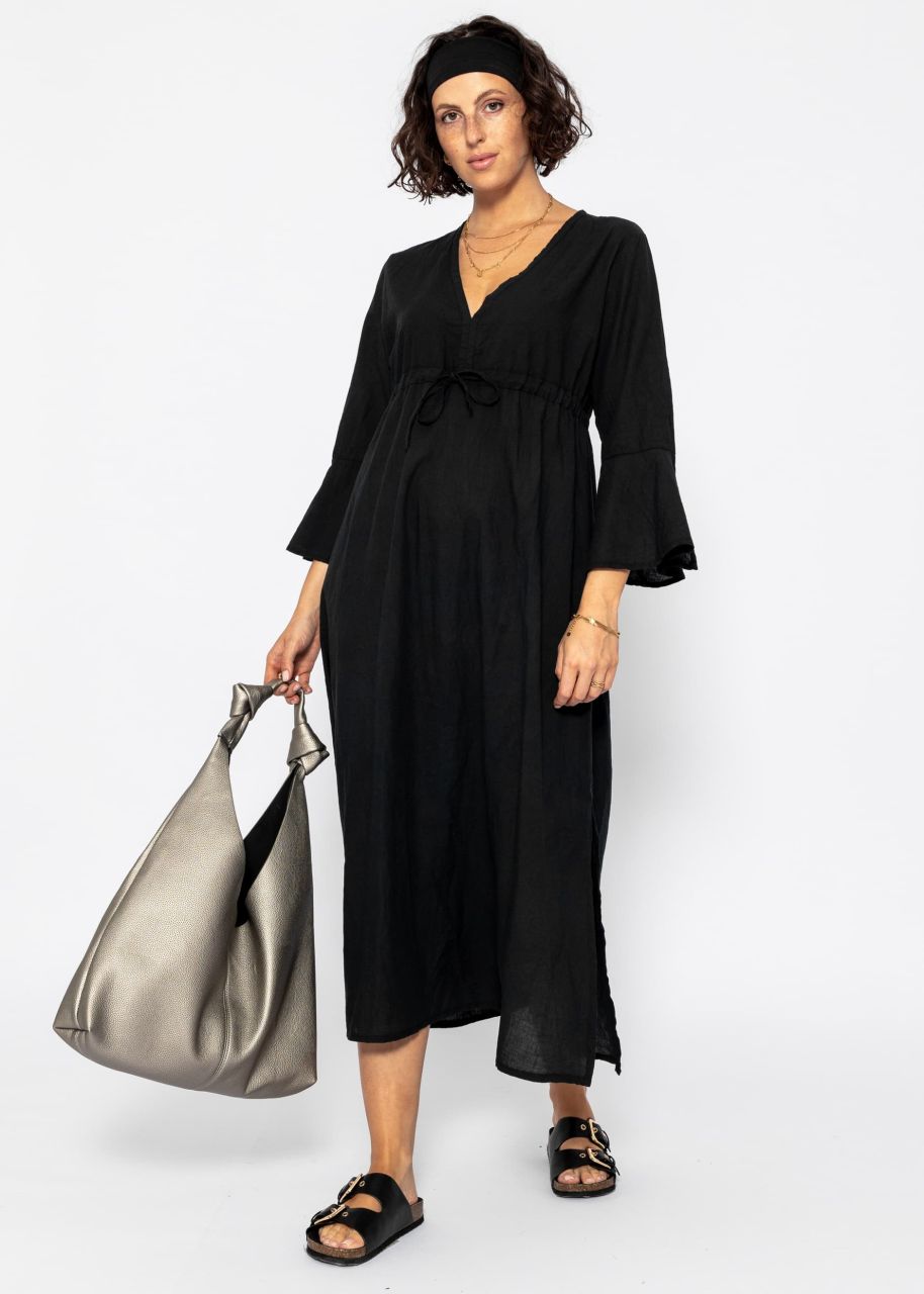 Long cotton dress with side slit - black