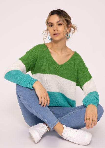 Stripe sweater with V-neck, green/white/turquoise