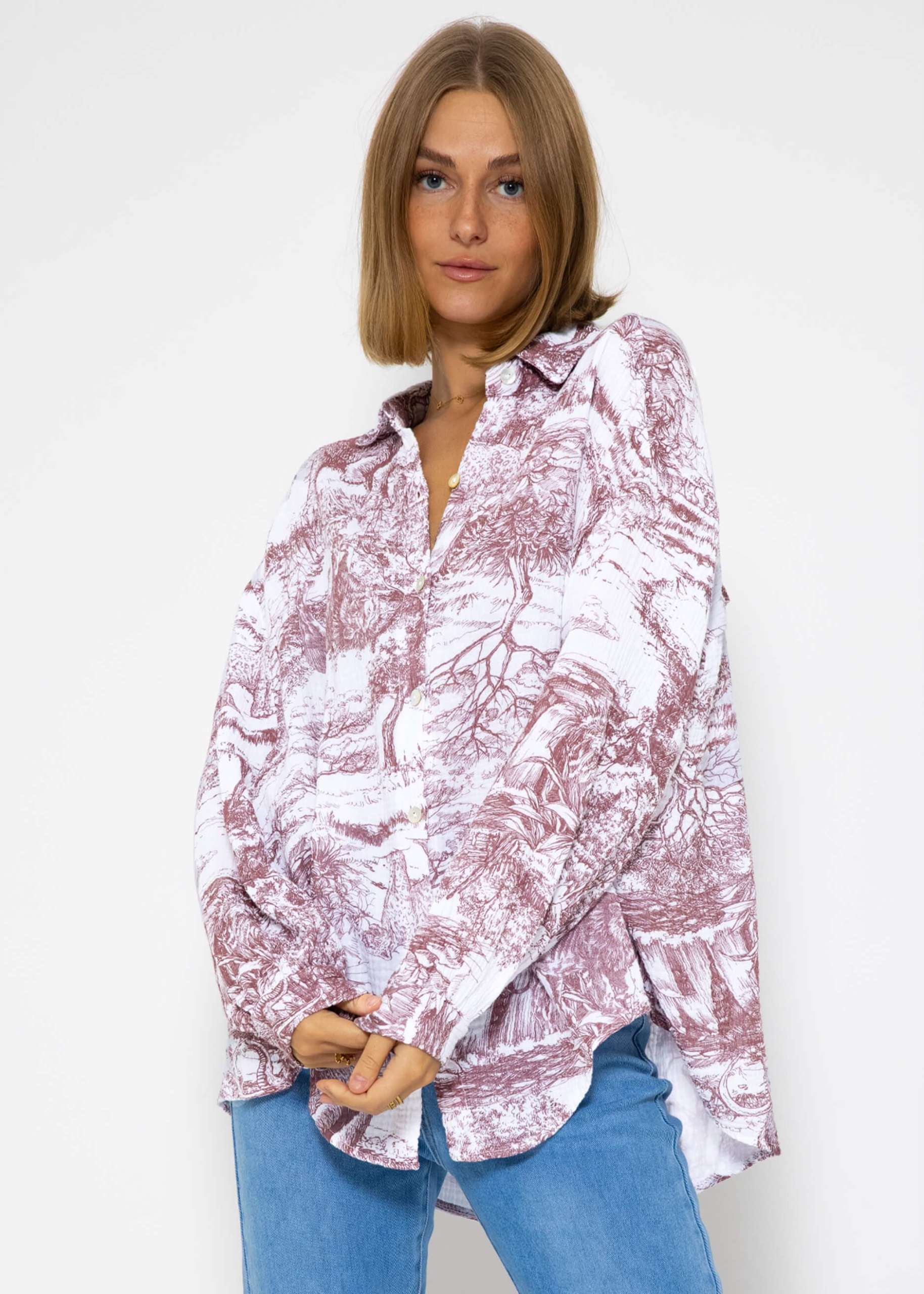 Muslin blouse with print, burgundy