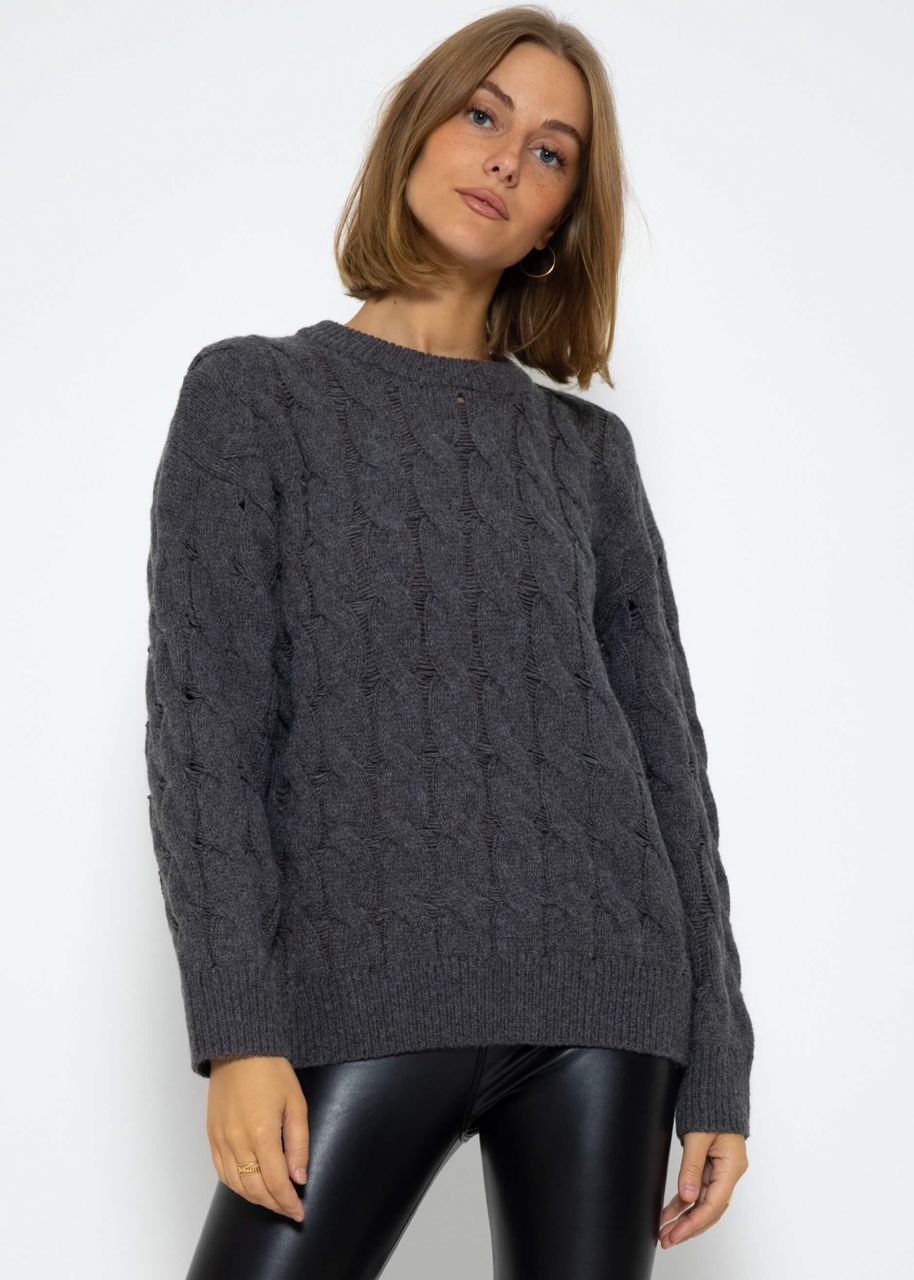 Knitted jumper with cable stitch - dark grey