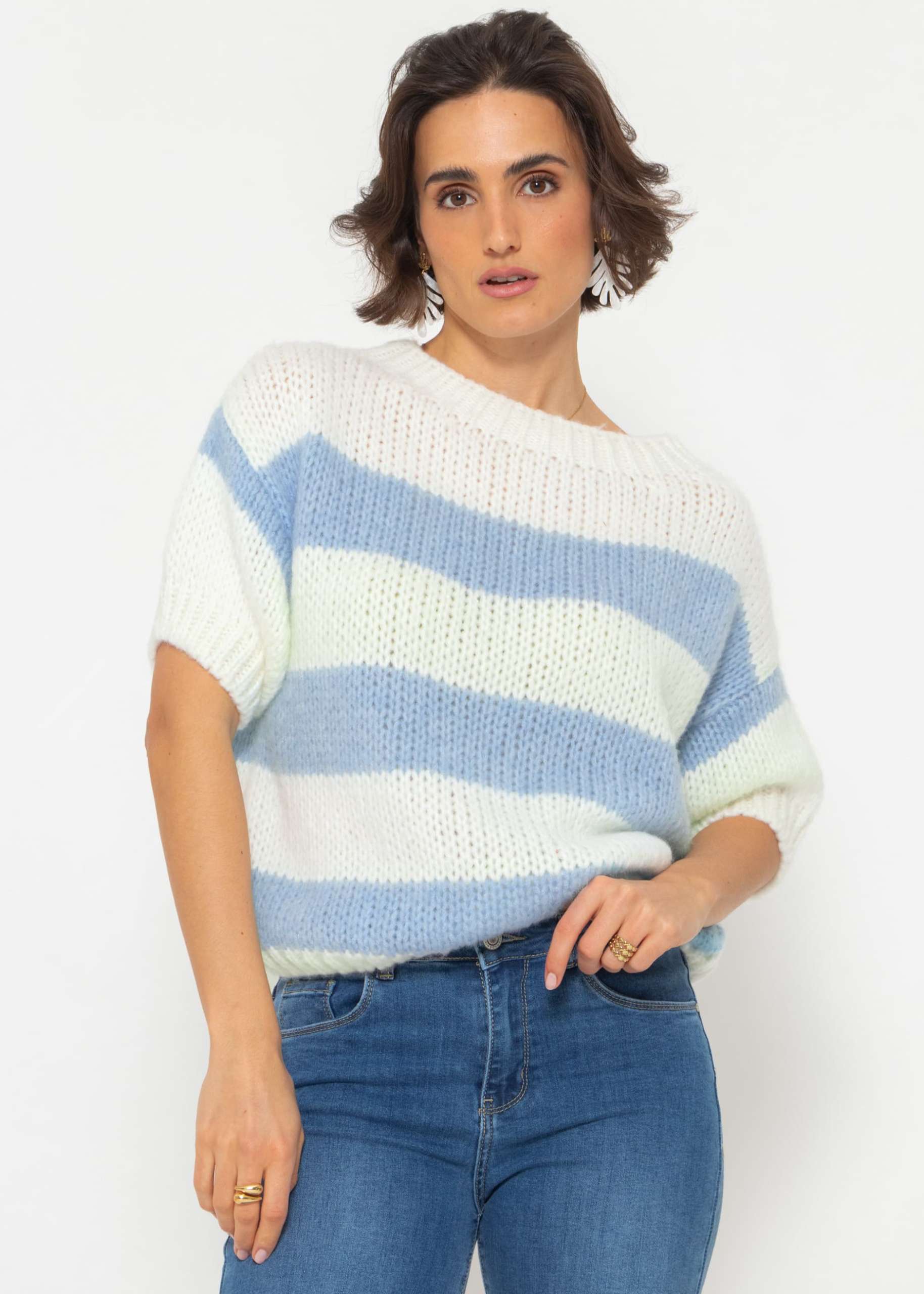 Short sleeve striped sweater - blue-offwhite