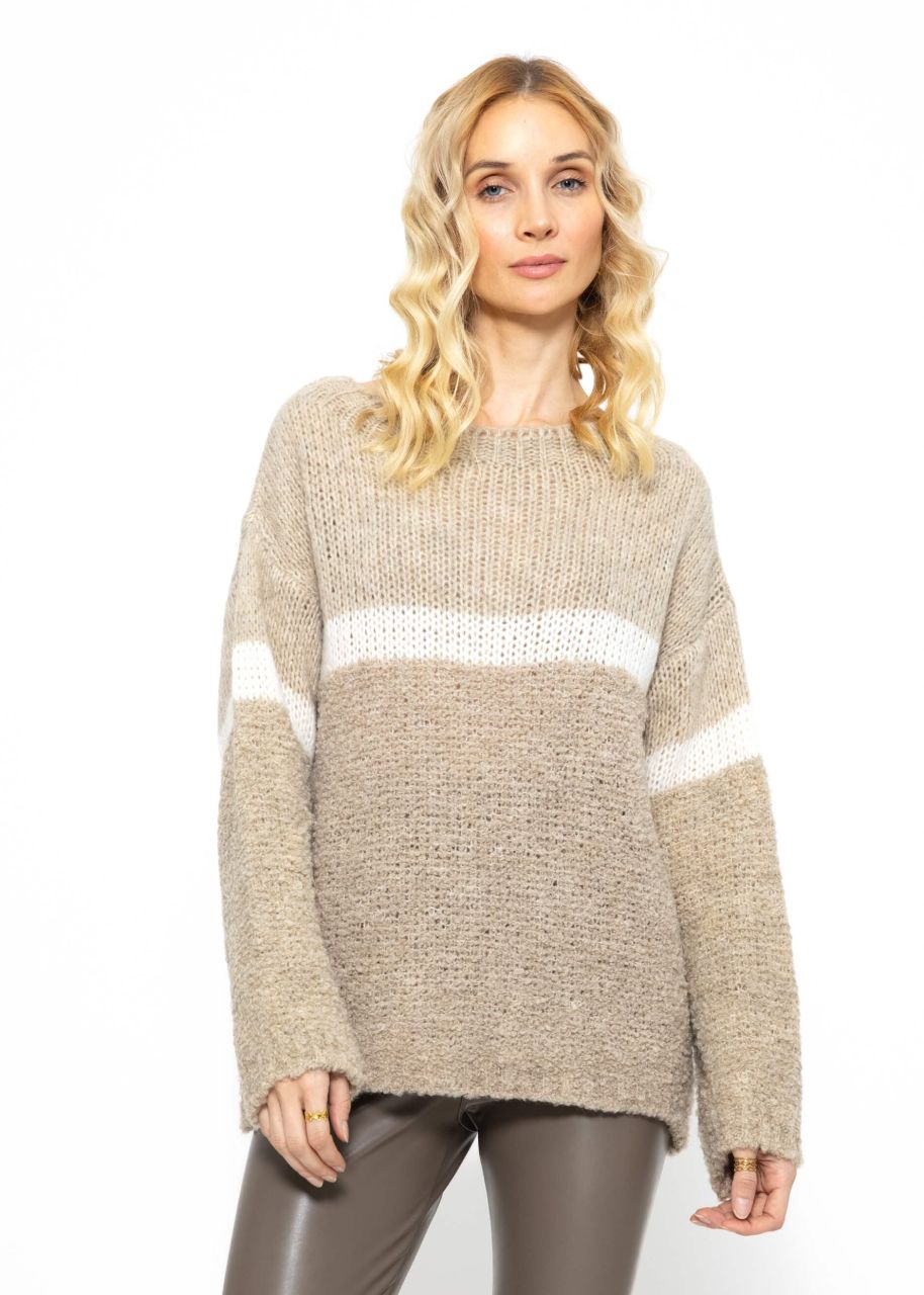 Fluffy jumper with striped design - beige-offwhite