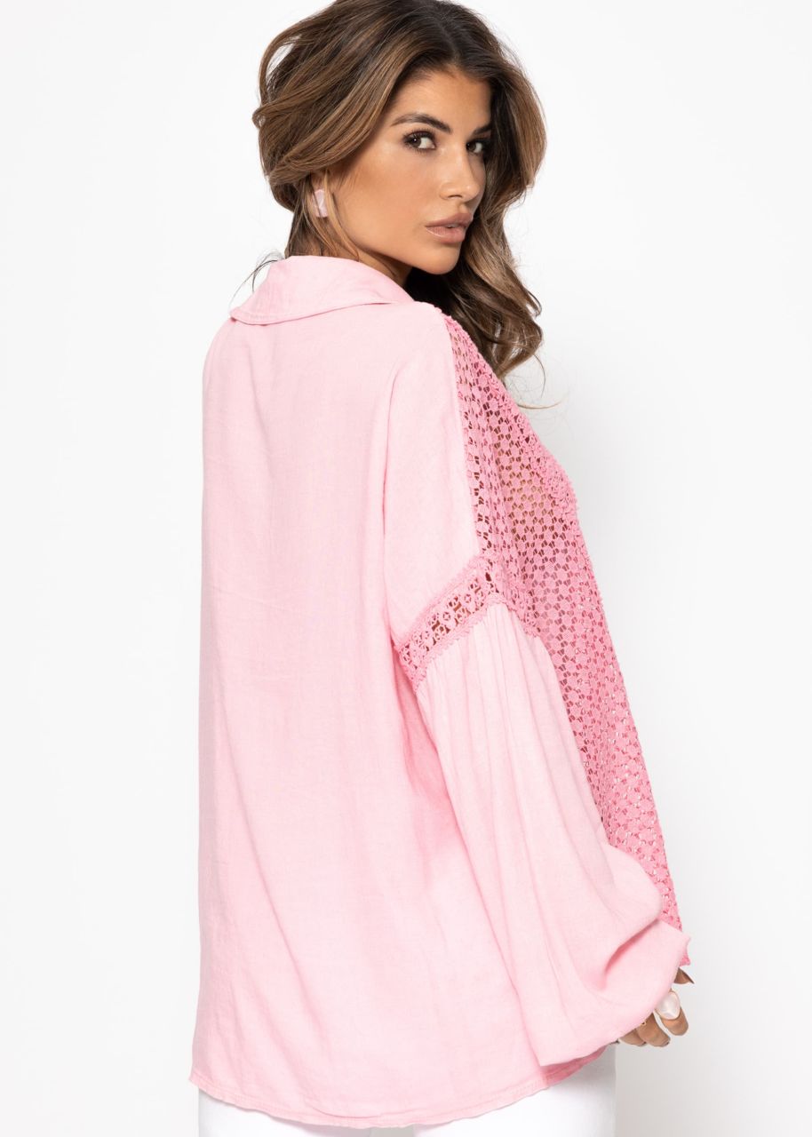 Linen blouse with lace - pink