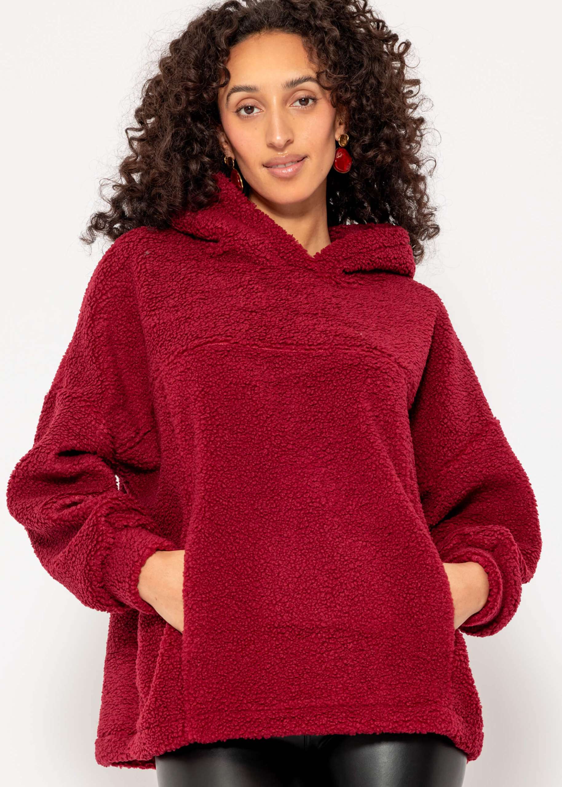 Oversized teddy sweatshirt with hood - wine red