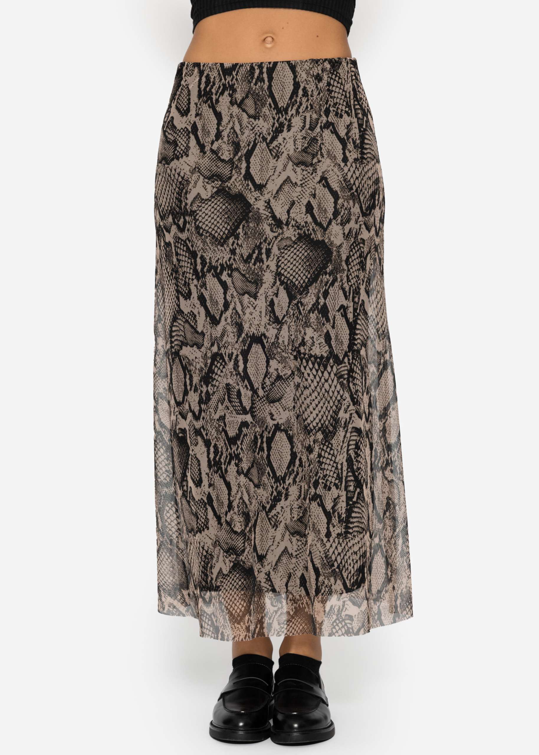 Flared mesh skirt with snake print - brown