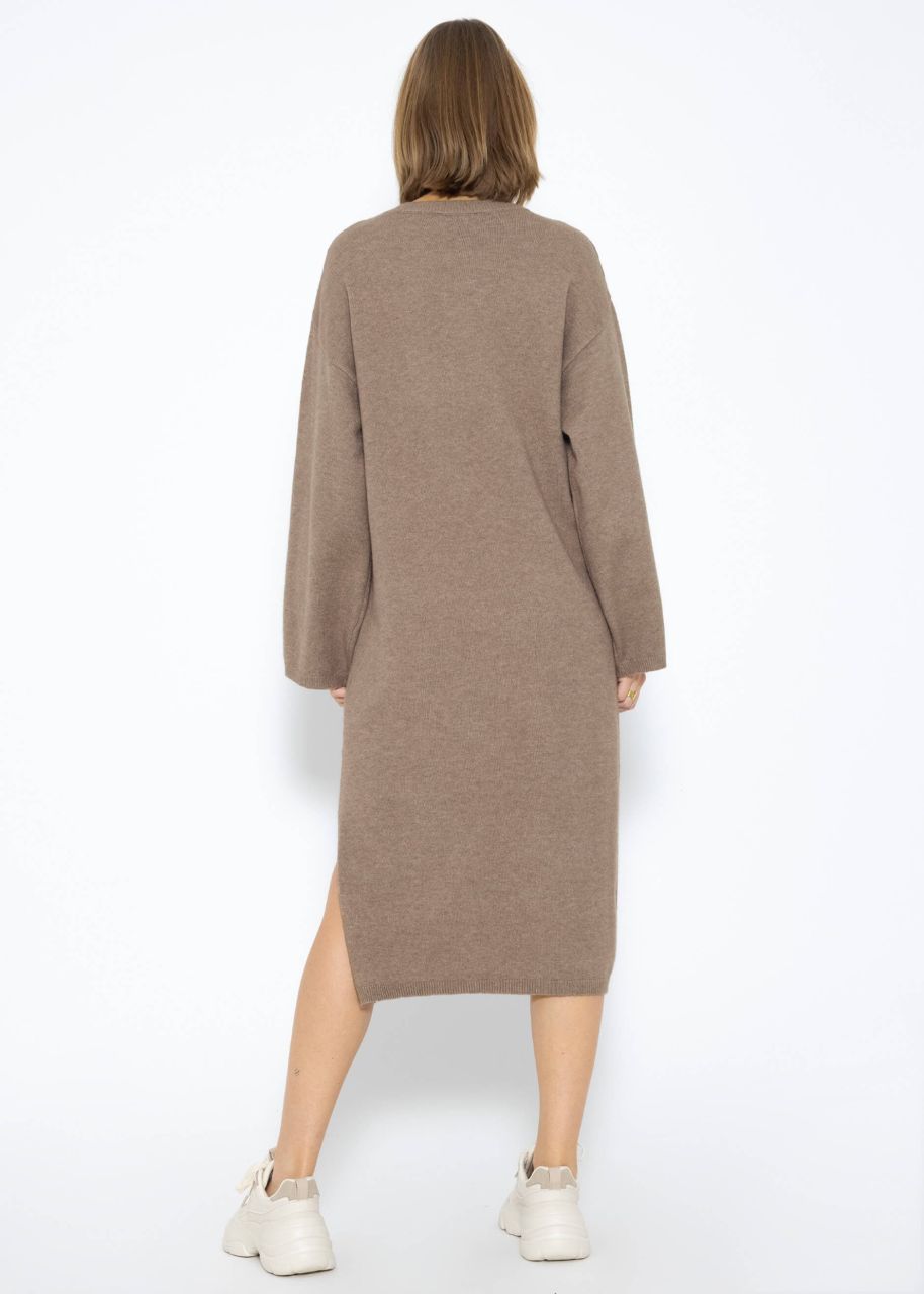 Midi length knit dress with side slit - taupe