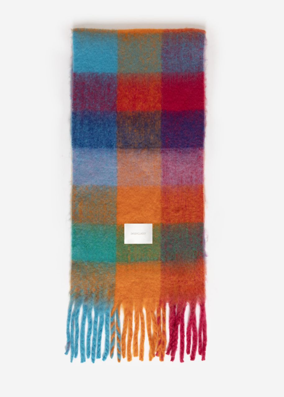 Checked fluffy scarf - orange-pink-blue