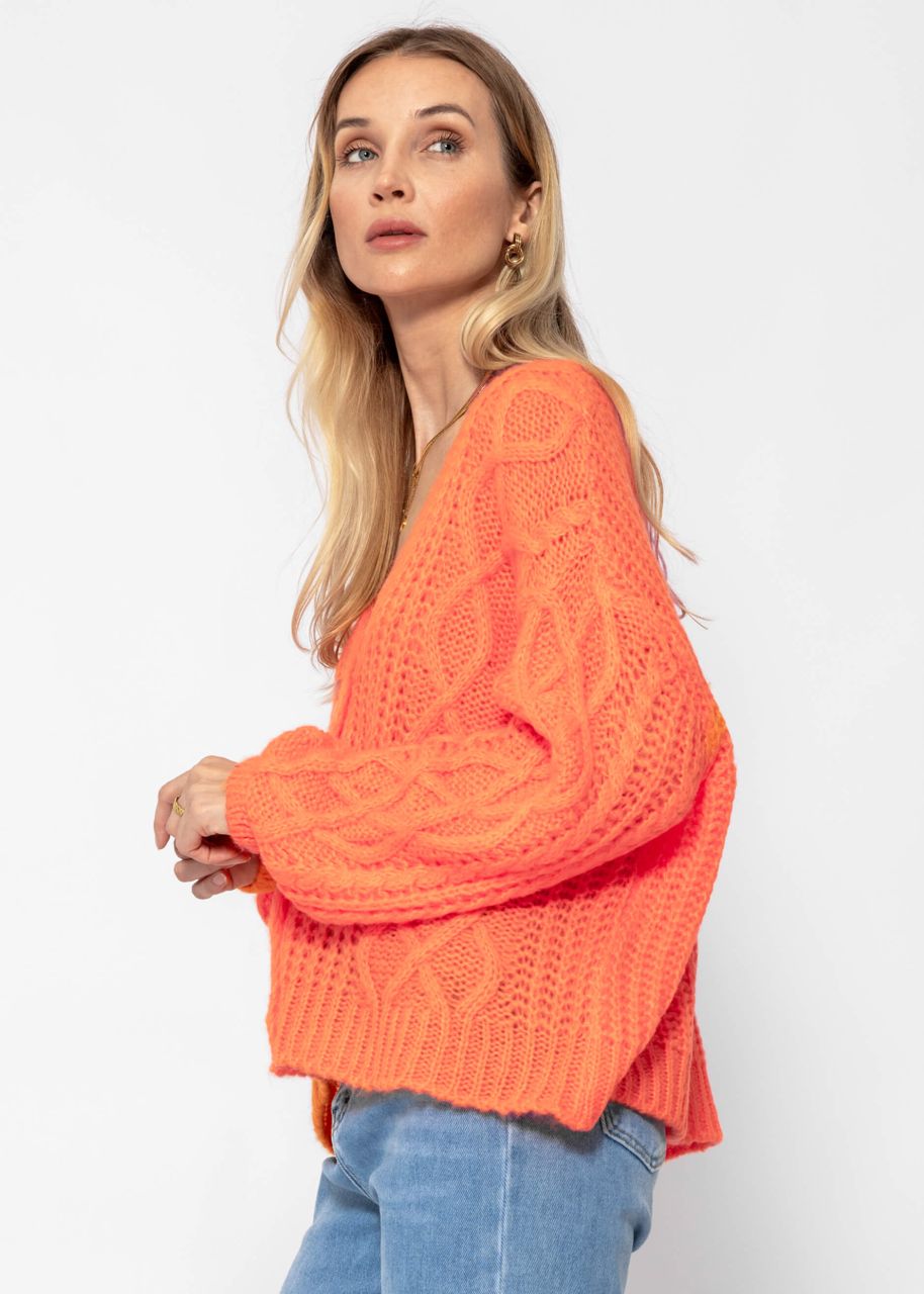 Oversized cardigan with cable knit pattern - tangerine