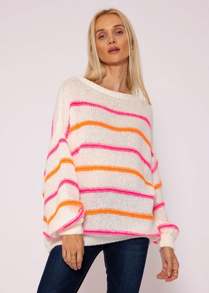 Knitted jumper with coloured stripes - offwhite-pink-orange