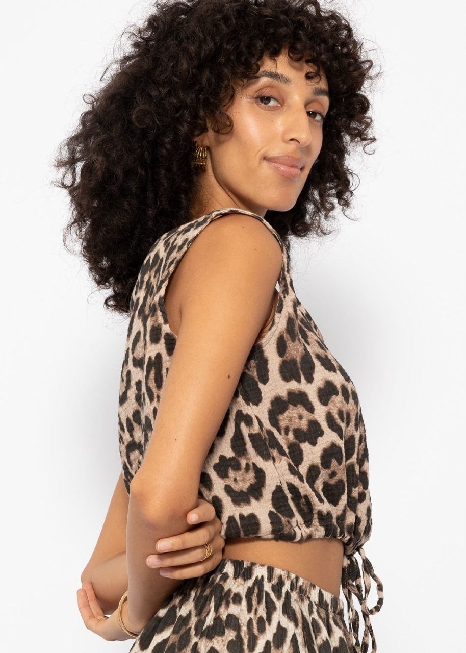 Muslin top with drawstring with leo print - brown