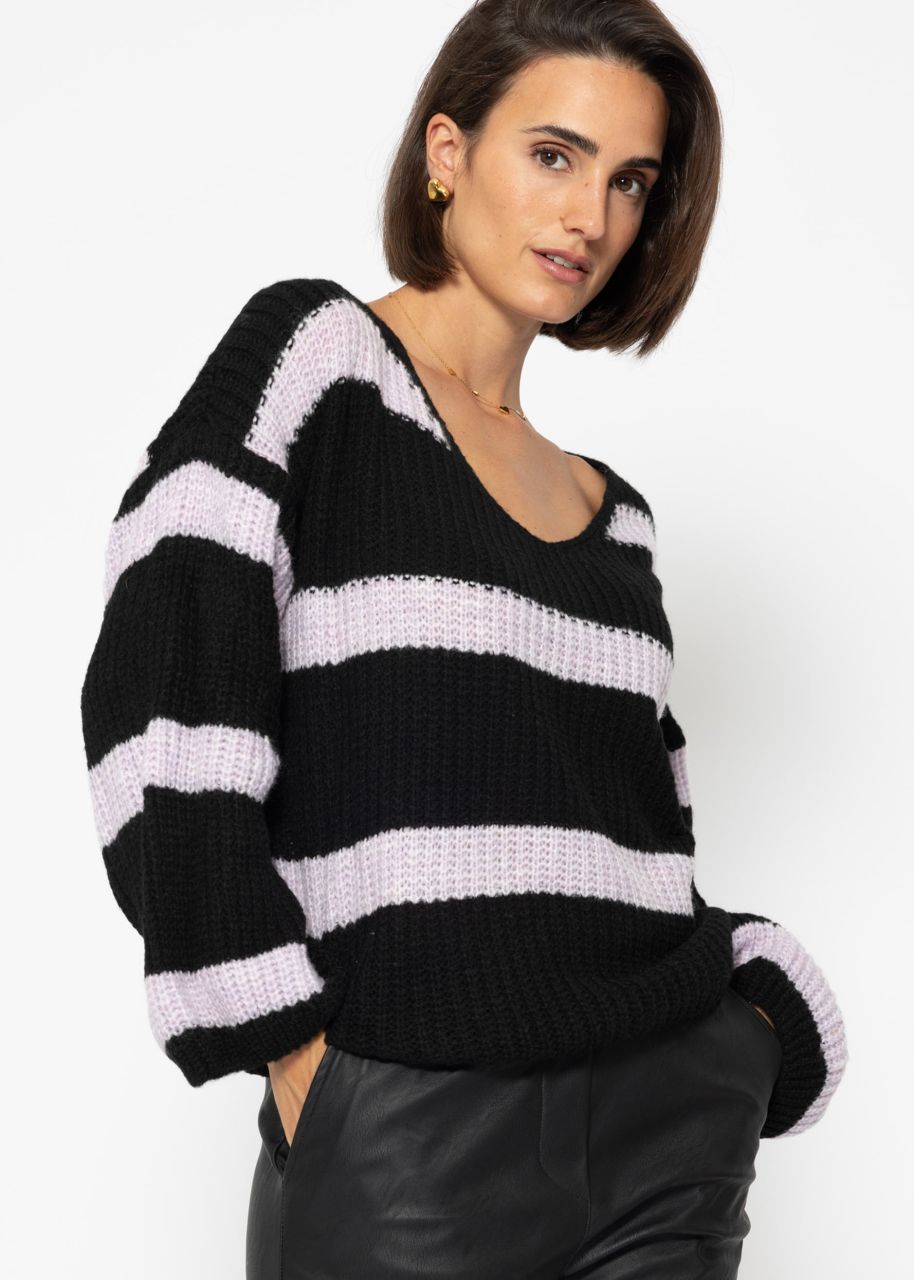 Jumper with stripes and V-neck - black-purple