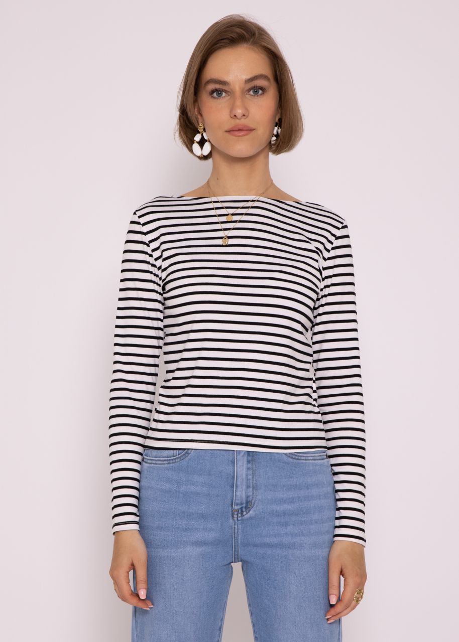 Striped long-sleeved shirt with back cut-out, black/white