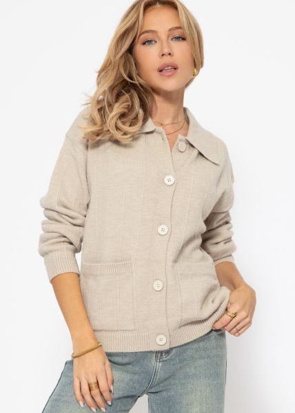 Cardigan with collar and button placket - beige