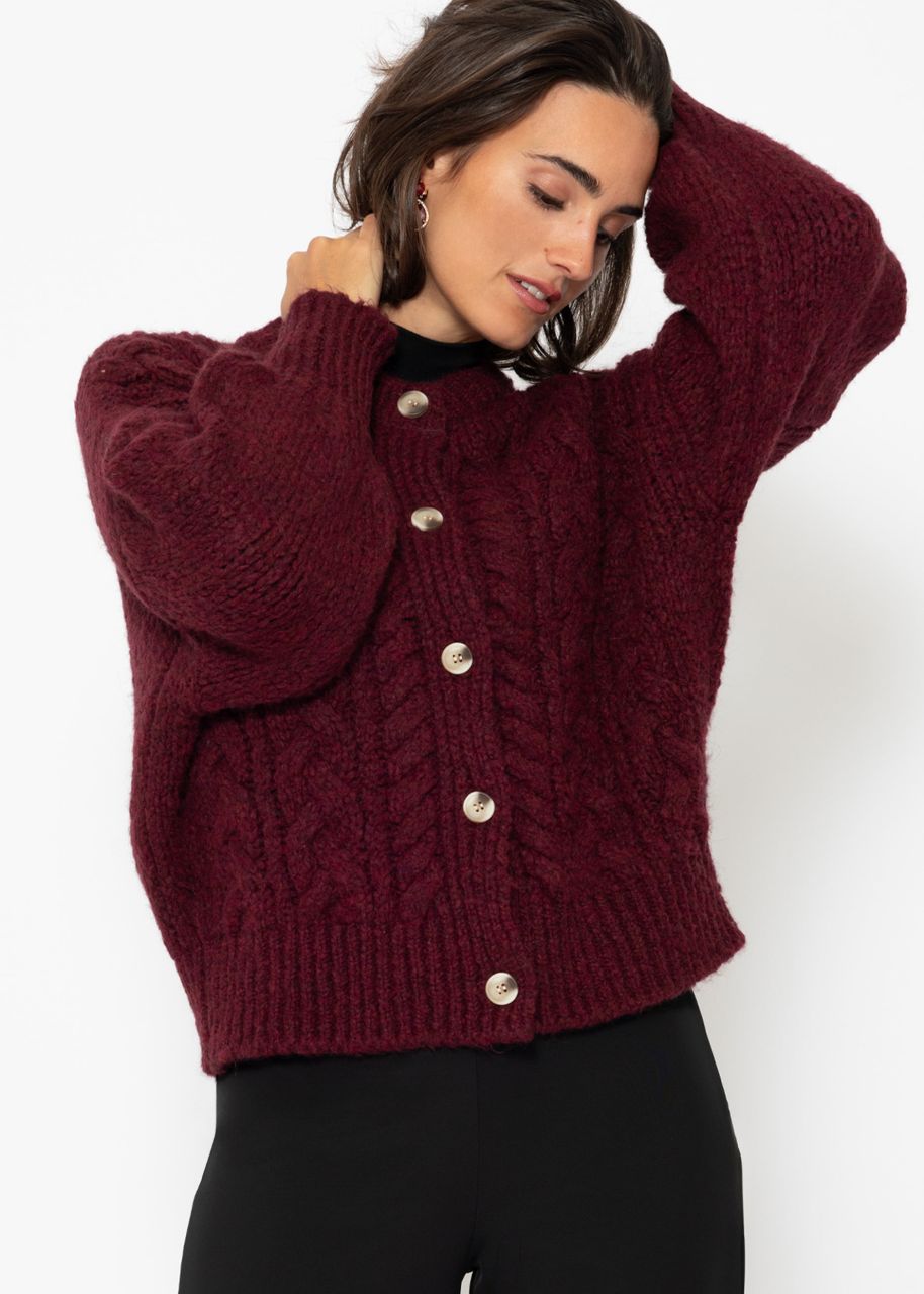 Super fluffy cardigan with cable knit pattern - burgundy