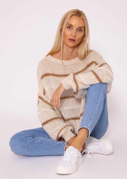 Knitted jumper with coloured stripes - light beige-beige-offwhite
