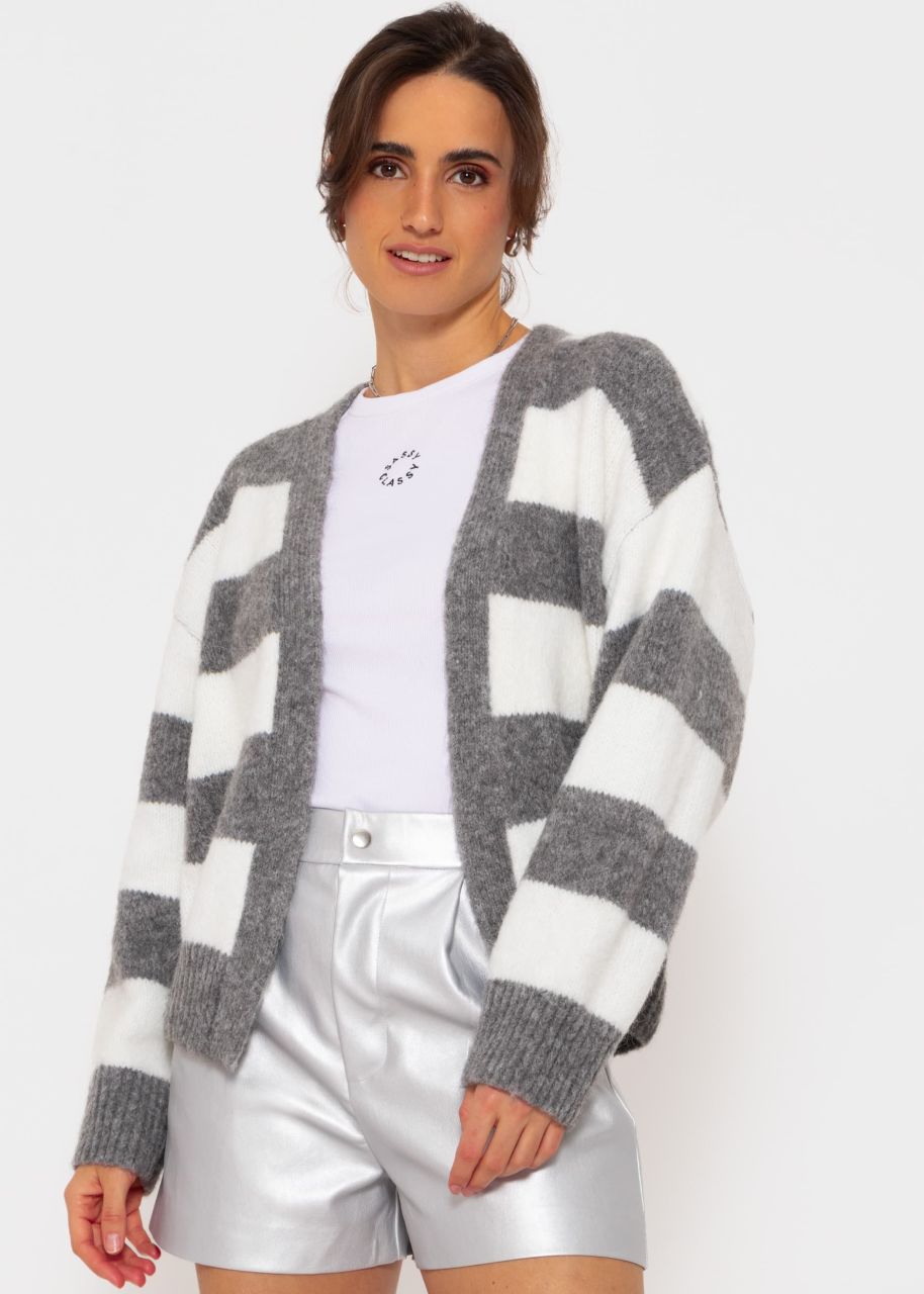 Oversize cardigan with block stripes - light gray-white