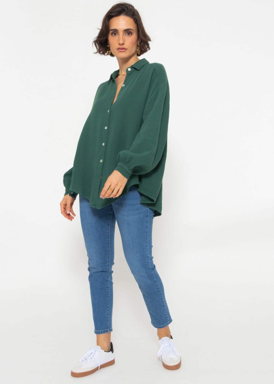 Muslin blouse oversize, short, dark green