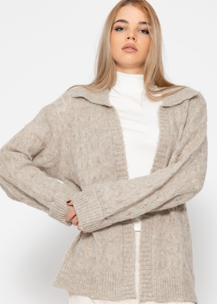 Fluffy cable-knit cardigan with collar - beige