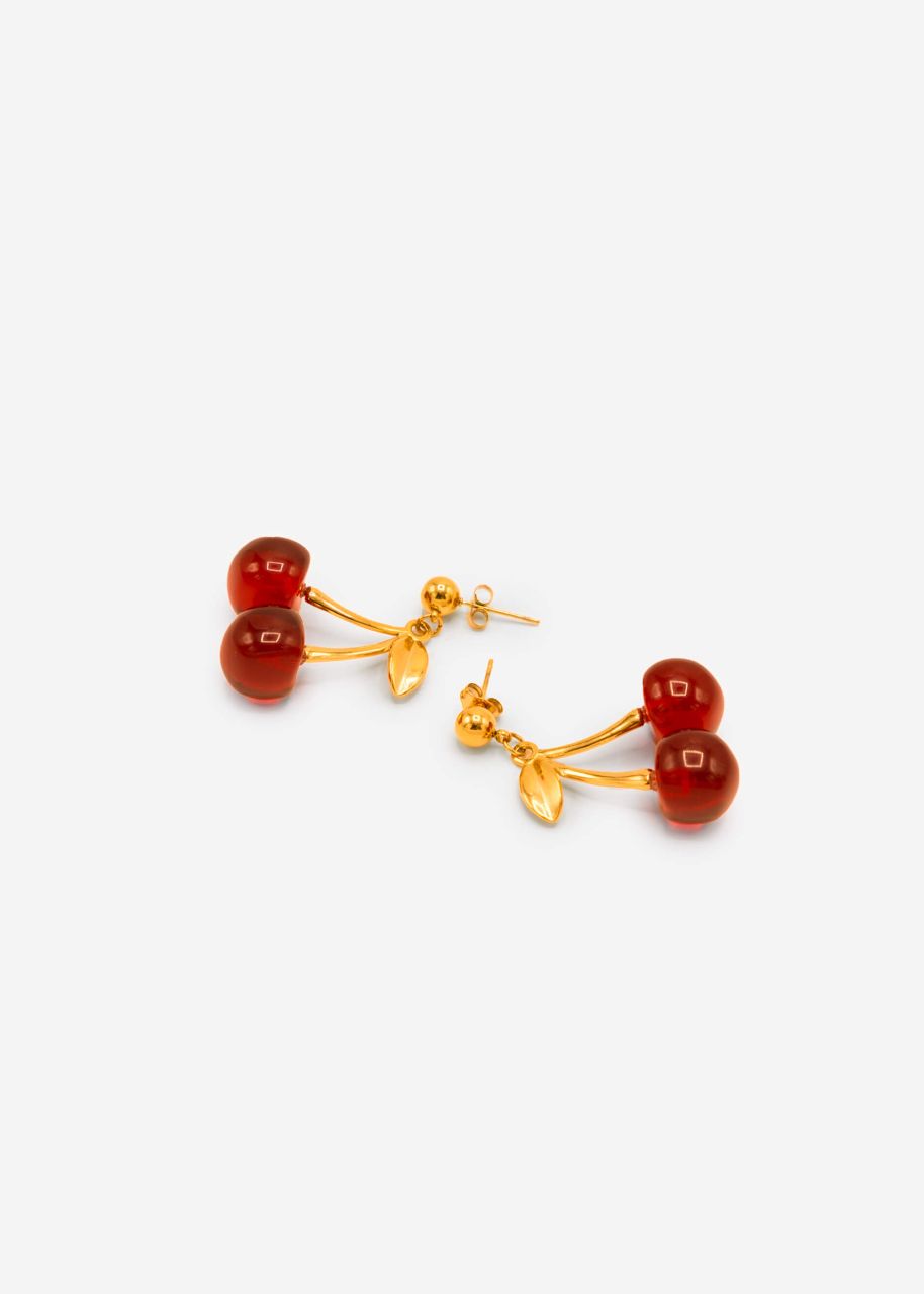 Stud earrings with cherry pendant - red