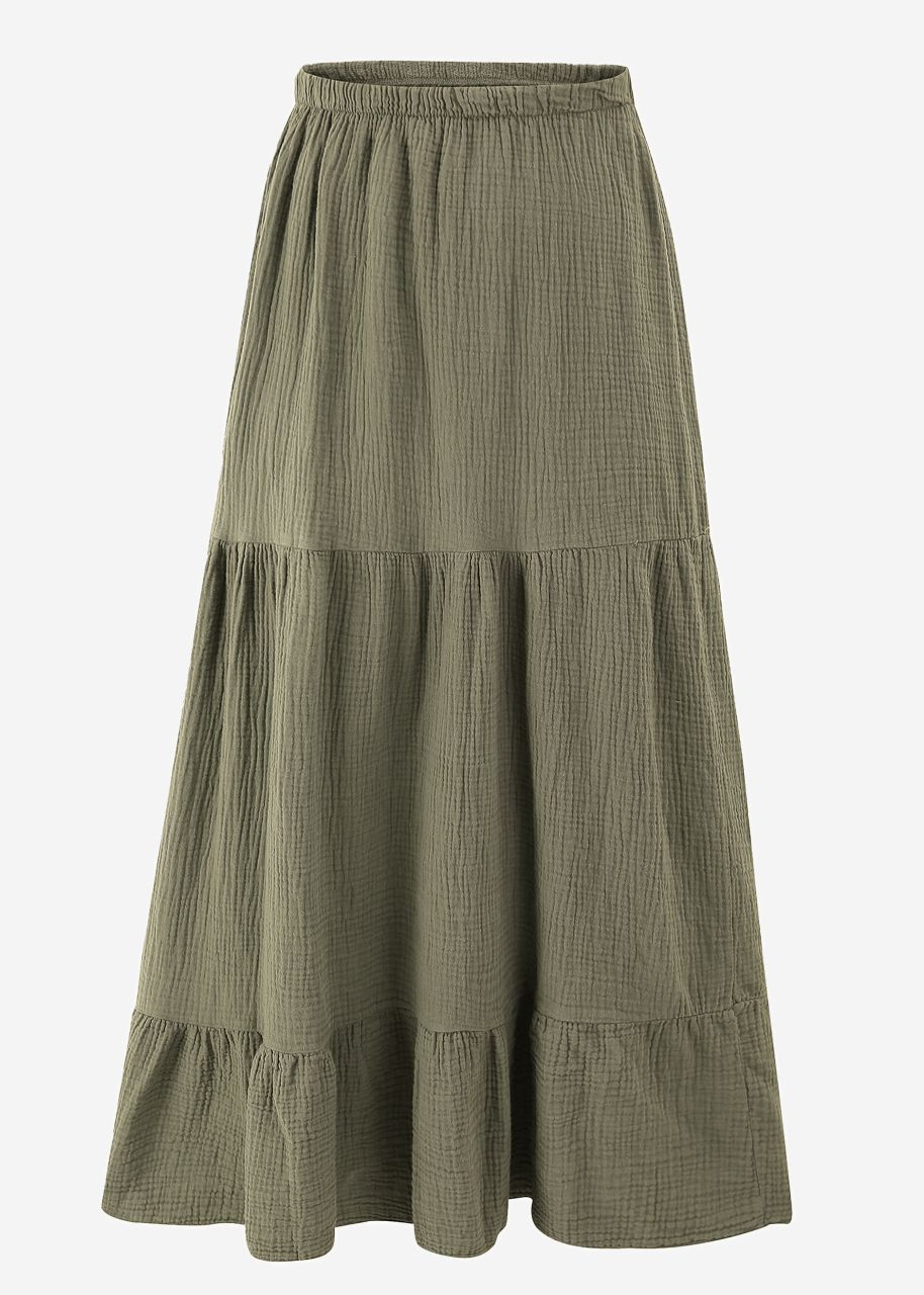 Muslin maxi skirt with flounces - khaki