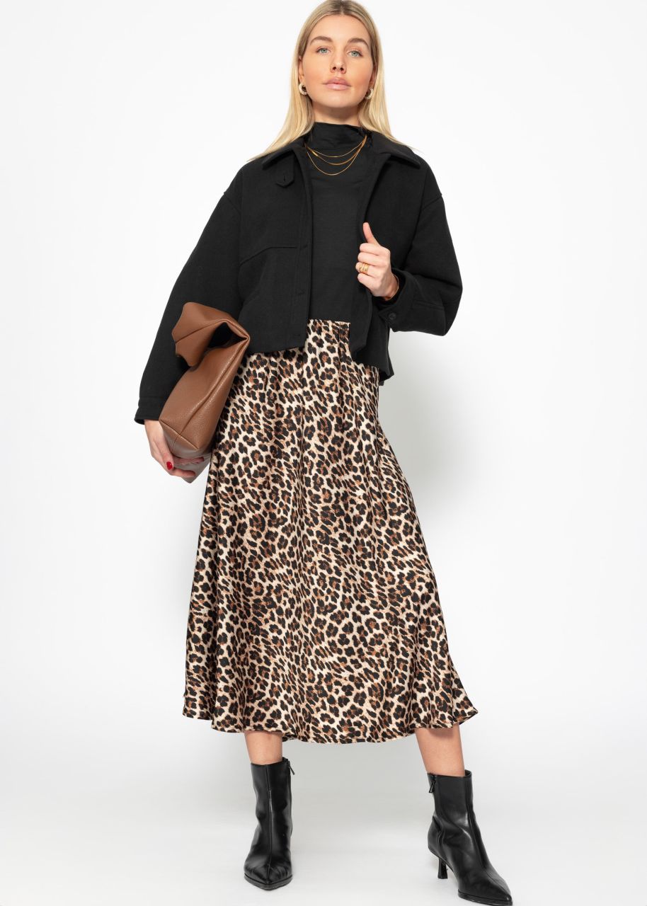 Satin skirt with leo print, brown