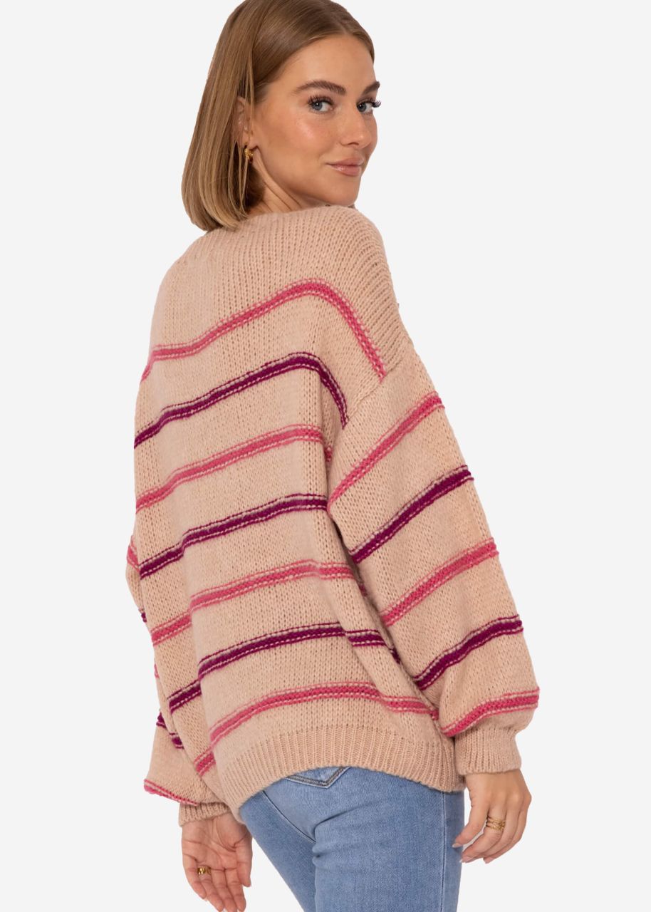 Knitted jumper with coloured stripes - nude-mauve-purple