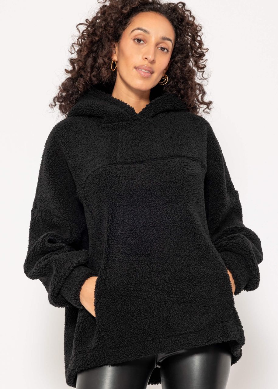 Oversized teddy sweatshirt with hood - black