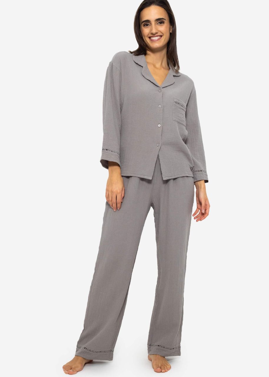 Muslin pyjama bottoms with lace trim - taupe