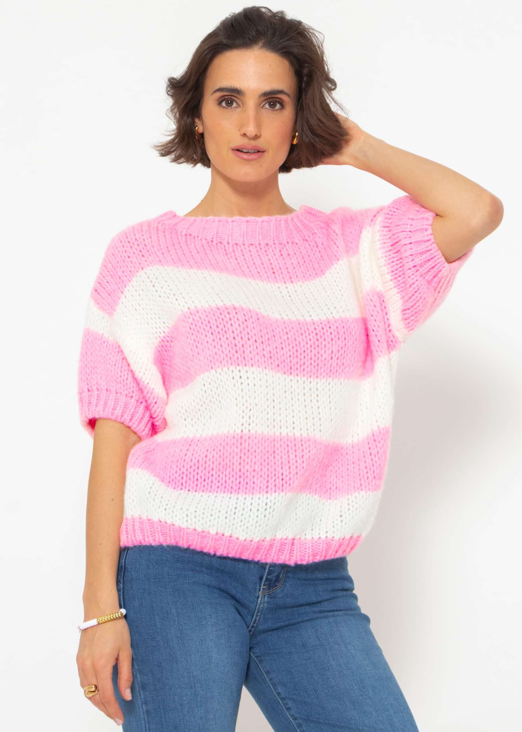 Short sleeve striped sweater - pink-offwhite