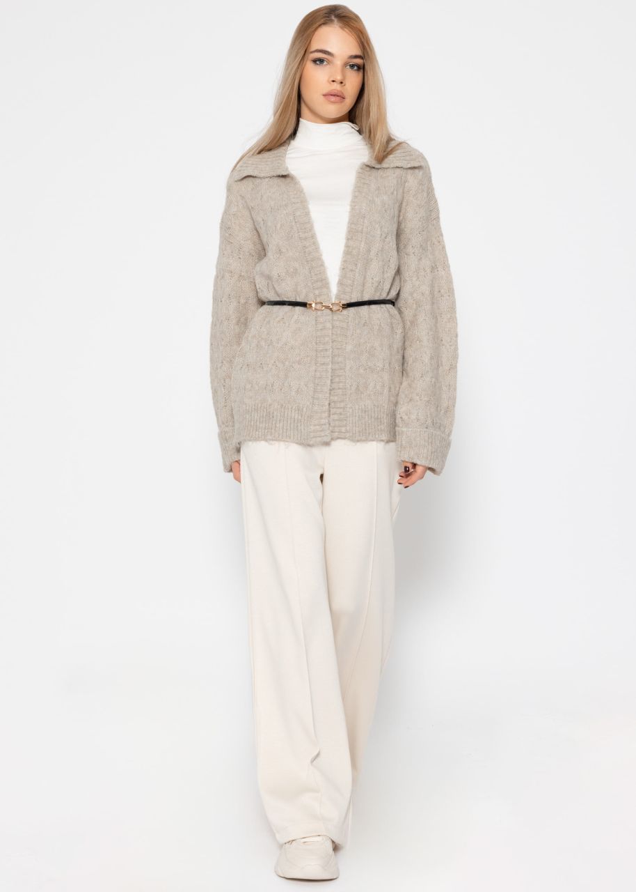 Fluffy cable-knit cardigan with collar - beige